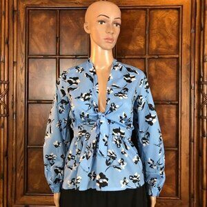 Blue Floral Tie Front Empire Waist Lantern Sleeve Top